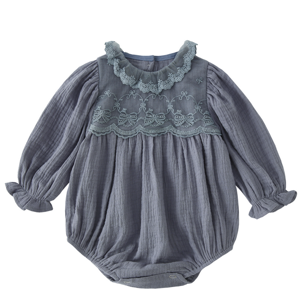 Slate Blue Romper with Embroidered Collar