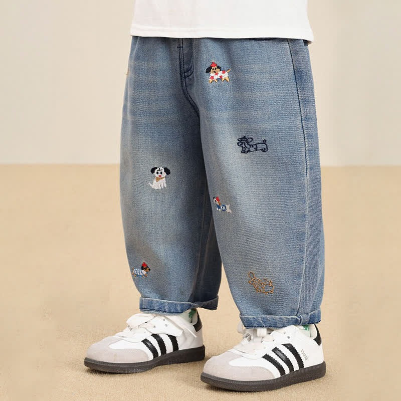Puppy Embroidered Denim Pants