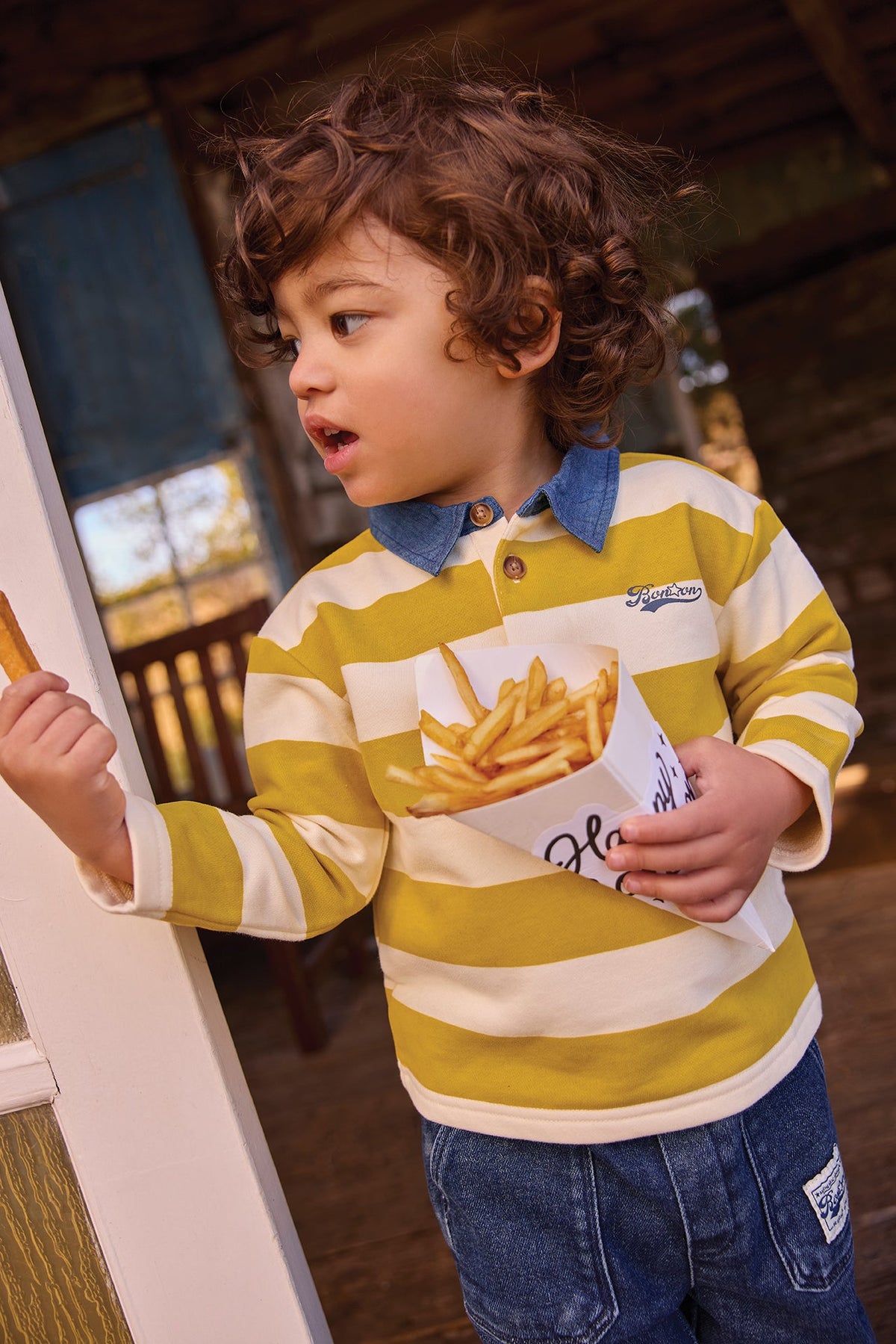 Bonton Pesto Striped Cotton Baby Polo in Yellow