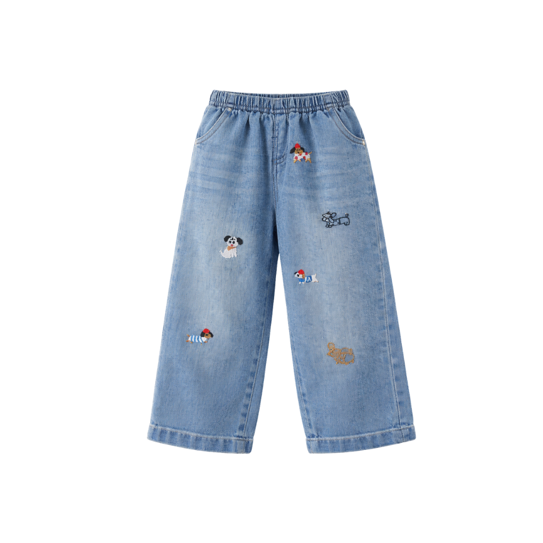 Puppy Embroidered Denim Pants