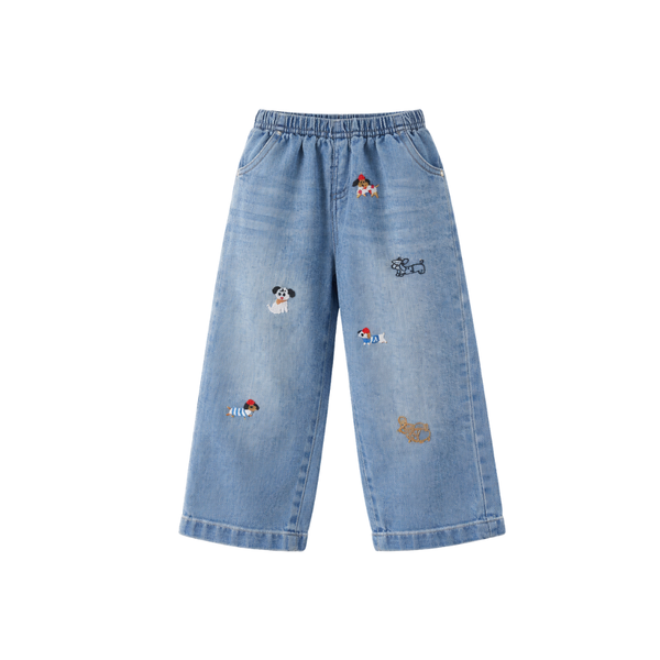 Puppy Embroidered Denim Pants