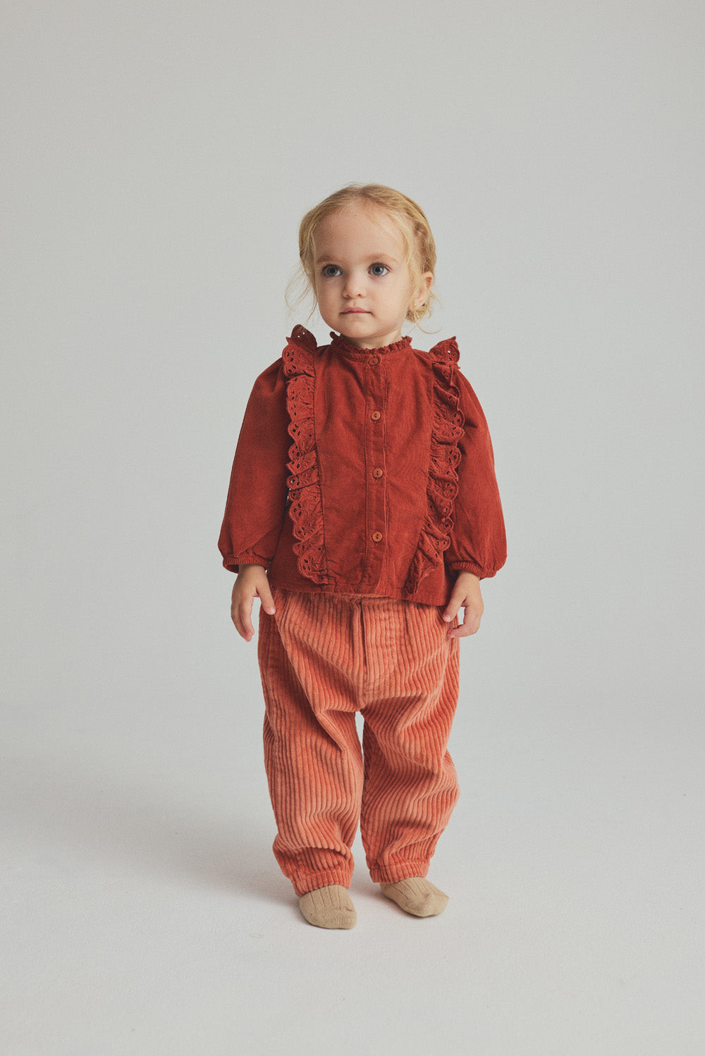 Cozmo Glory Ruffle Corduroy Blouse in Ginger